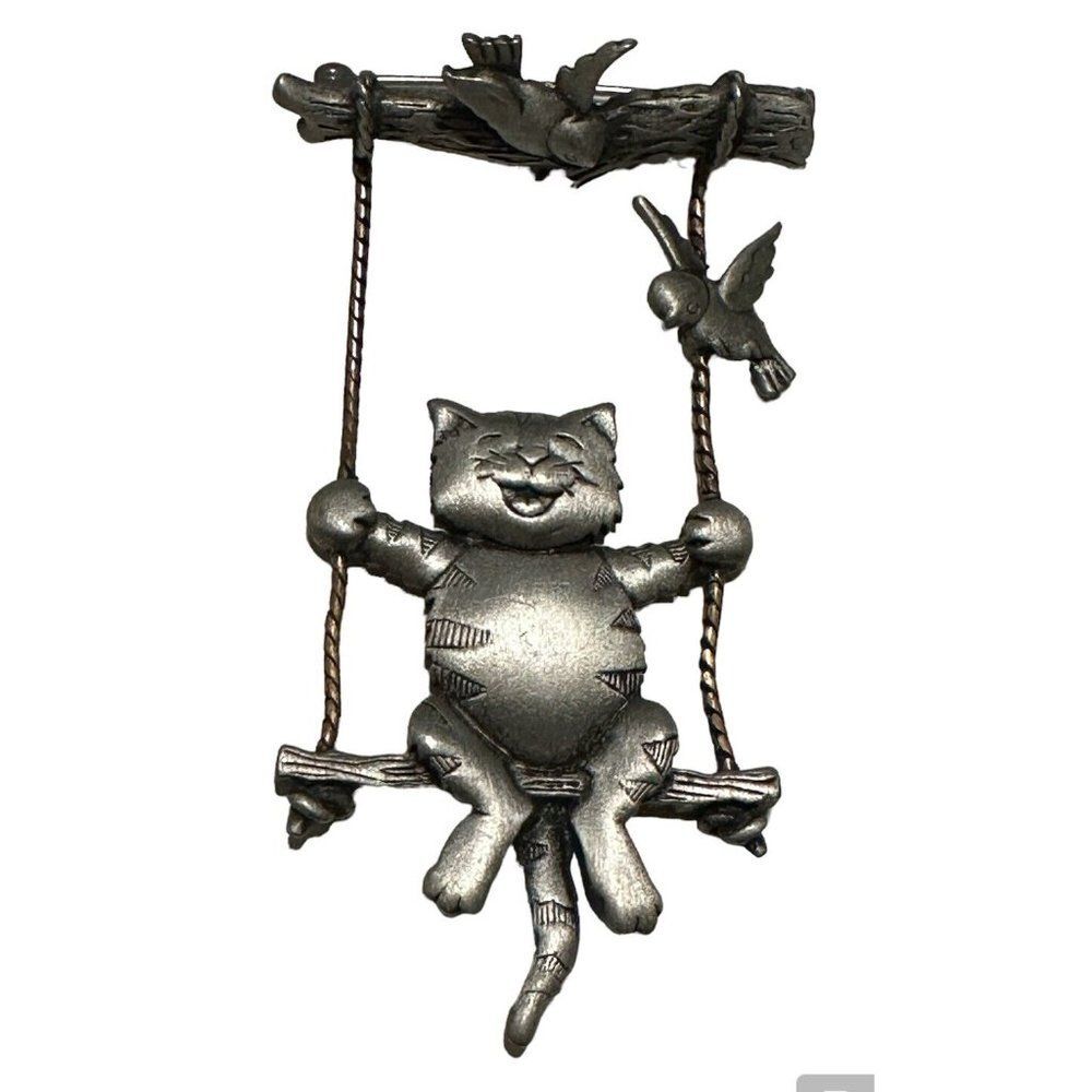 Vintage jj jonette Pin Brooch Silver Tone Cat Kitten Tree Swing Birds Happy
